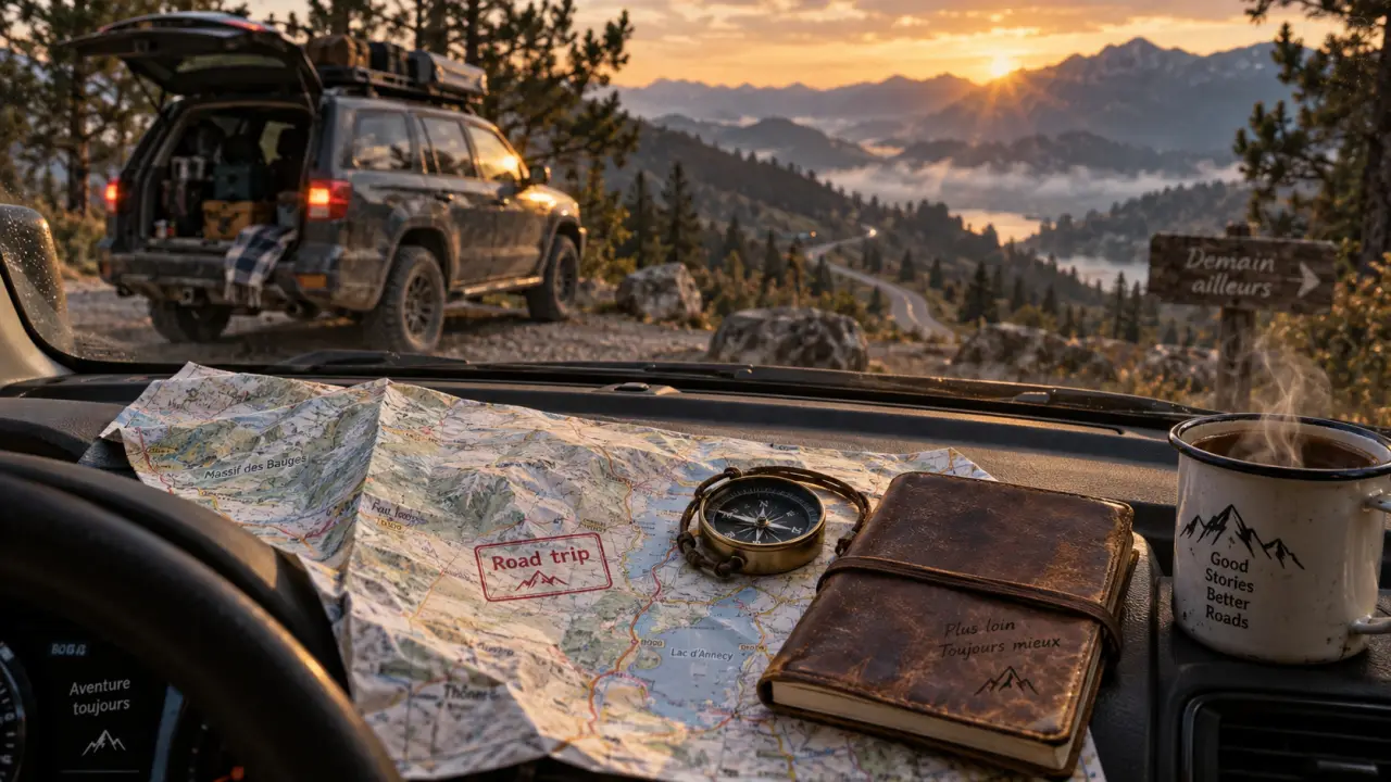 Qu est ce qu un road trip : carte routière et route sinueuse, ambiance fin d’après-midi