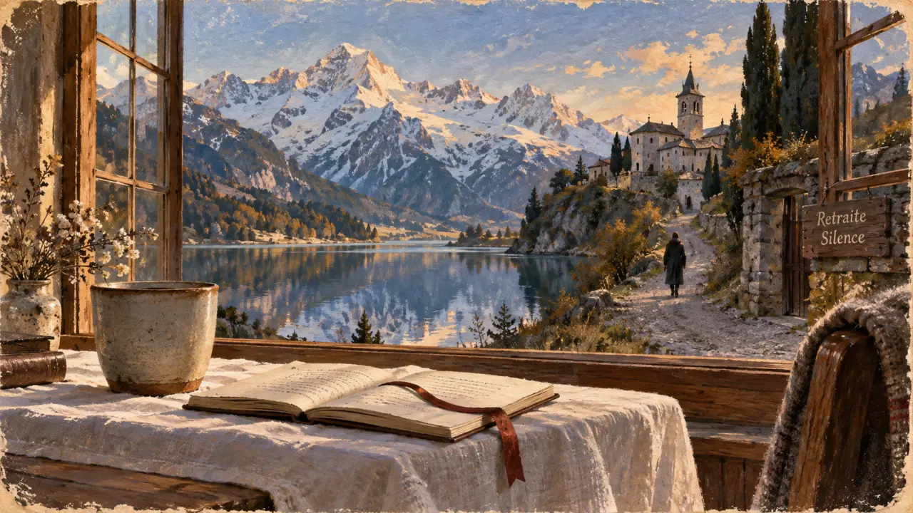 Voyage spirituel suisse : retraite silence près du lac alpin et des Alpes enneigées