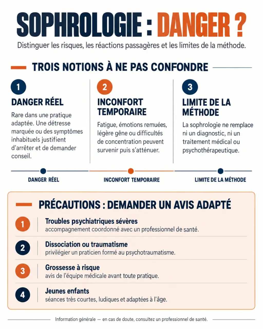 Infographie sur le danger de la sophrologie, les inconforts et les contre-indications