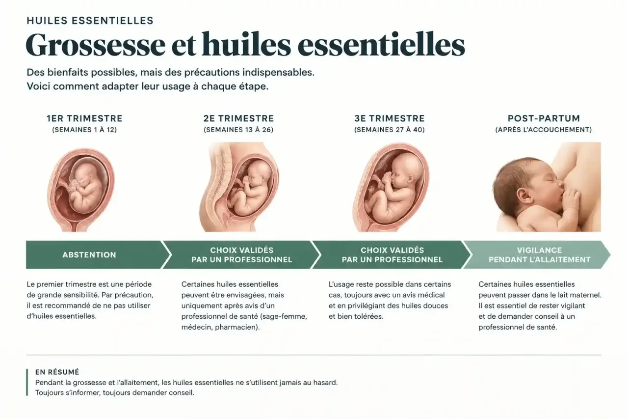 Infographie des huiles essentielles pendant la grossesse selon le trimestre : abstention, choix validés, allaitement