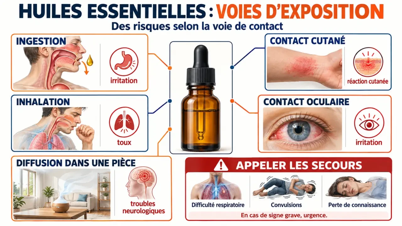 Infographie sur les dangers des huiles essentielles selon les voies d’exposition