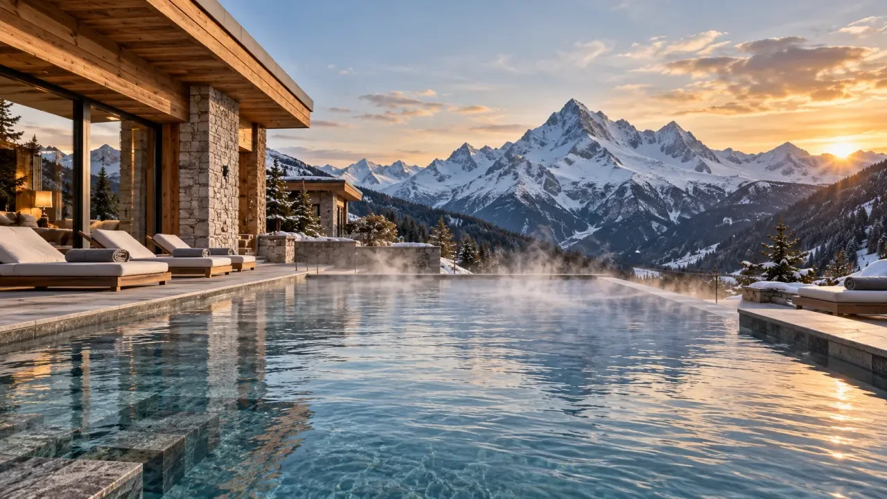 Séjour bien-être Alpes avec bassin extérieur chauffé face aux sommets