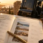 Voyage sur mesure luxe : carnet d’itinéraire, chauffeur et SUV noir en golden hour