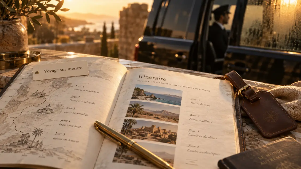 Voyage sur mesure luxe : carnet d’itinéraire, chauffeur et SUV noir en golden hour